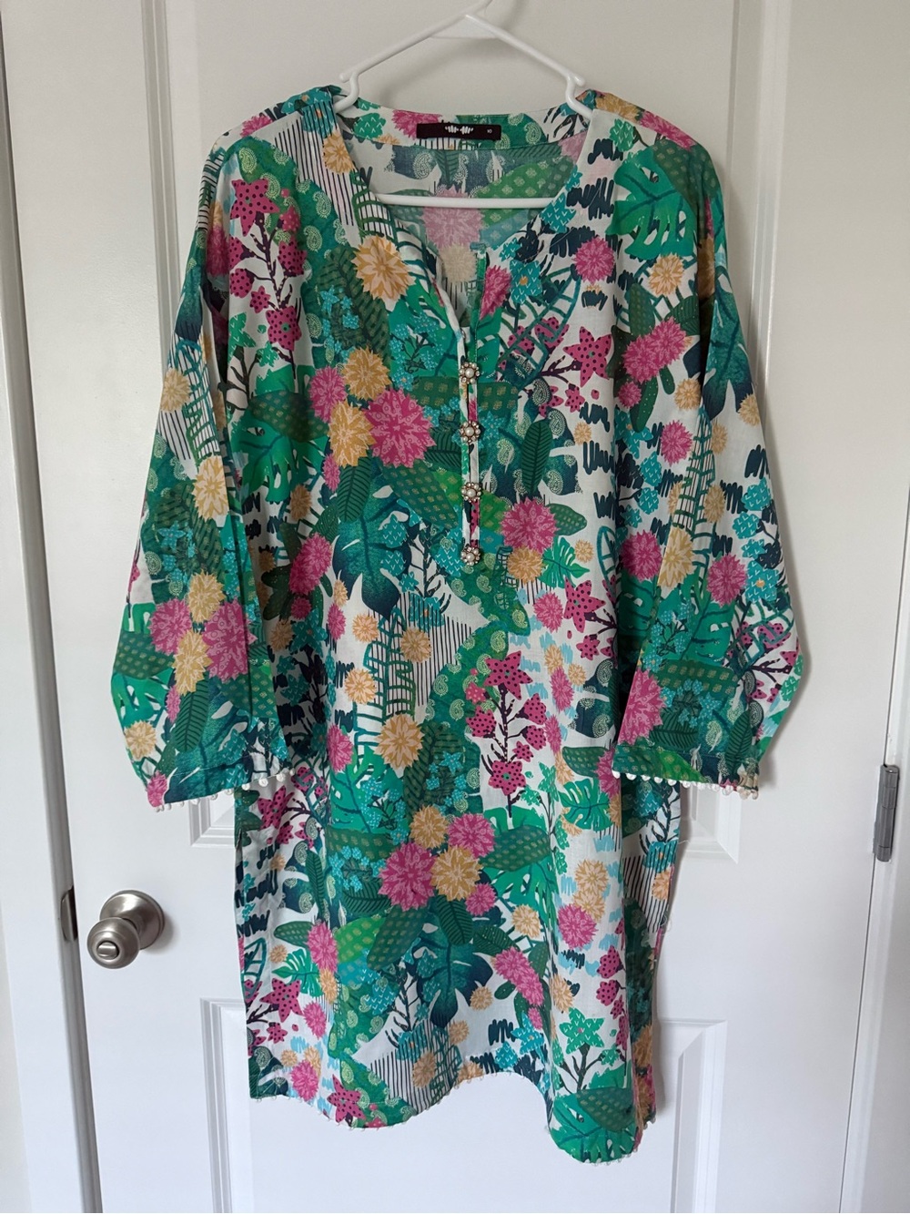 Green Floral Long-Sleeve Tunic Dress with Pink & Yellow Blooms (Kurta)